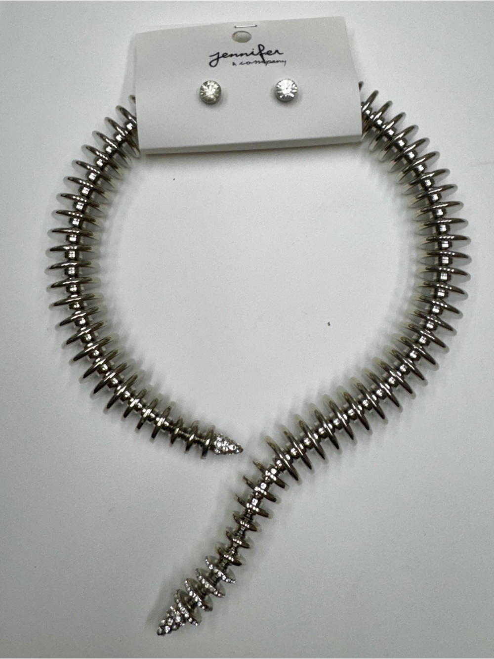 Silver Spike Collar Necklace with Stud Earrings